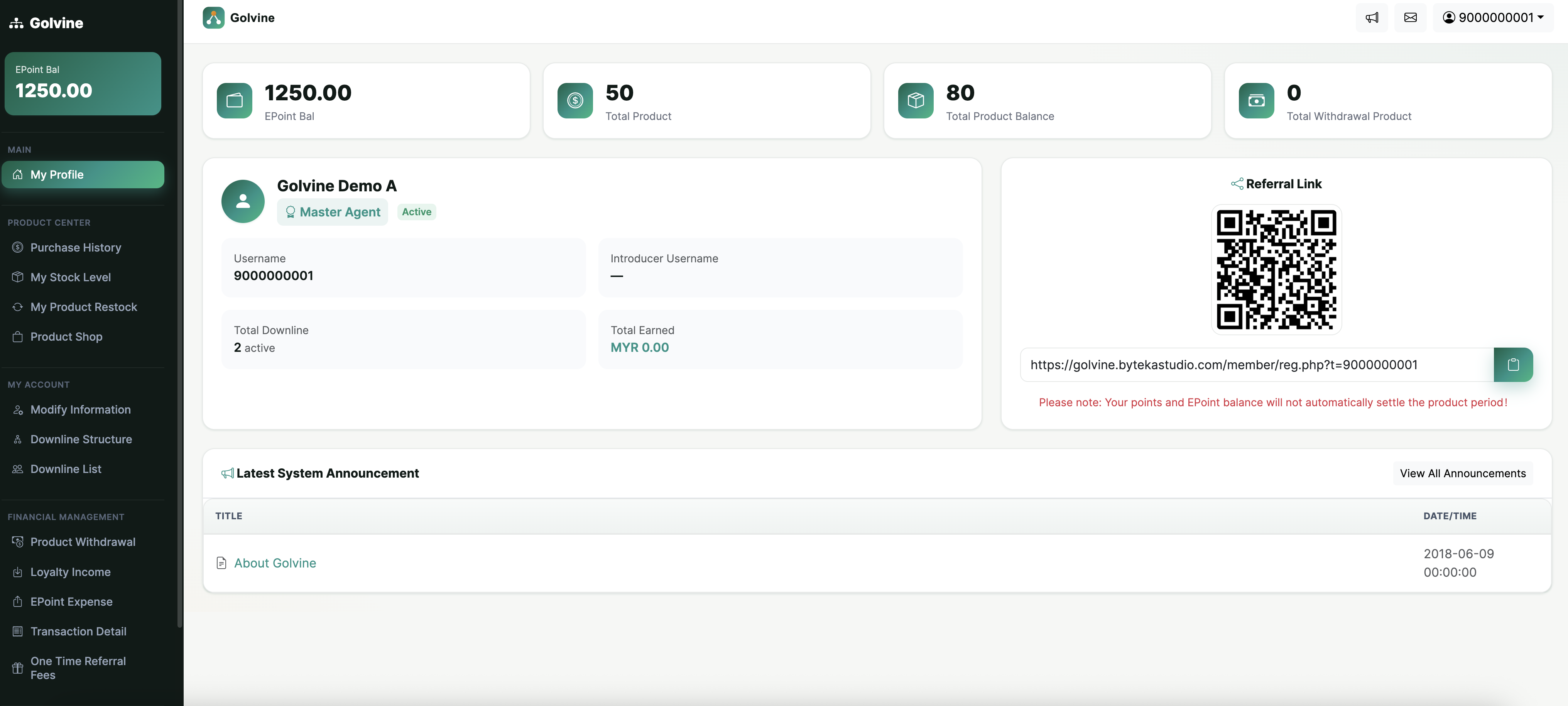 Golvine member dashboard